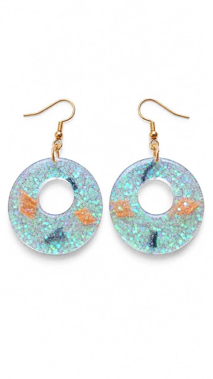 Handmade circular epoxy resin drop earrings with aqua iridescent glitter, peach accents and 18k gold-plated 925 sterling silver ear hooks on a white background.