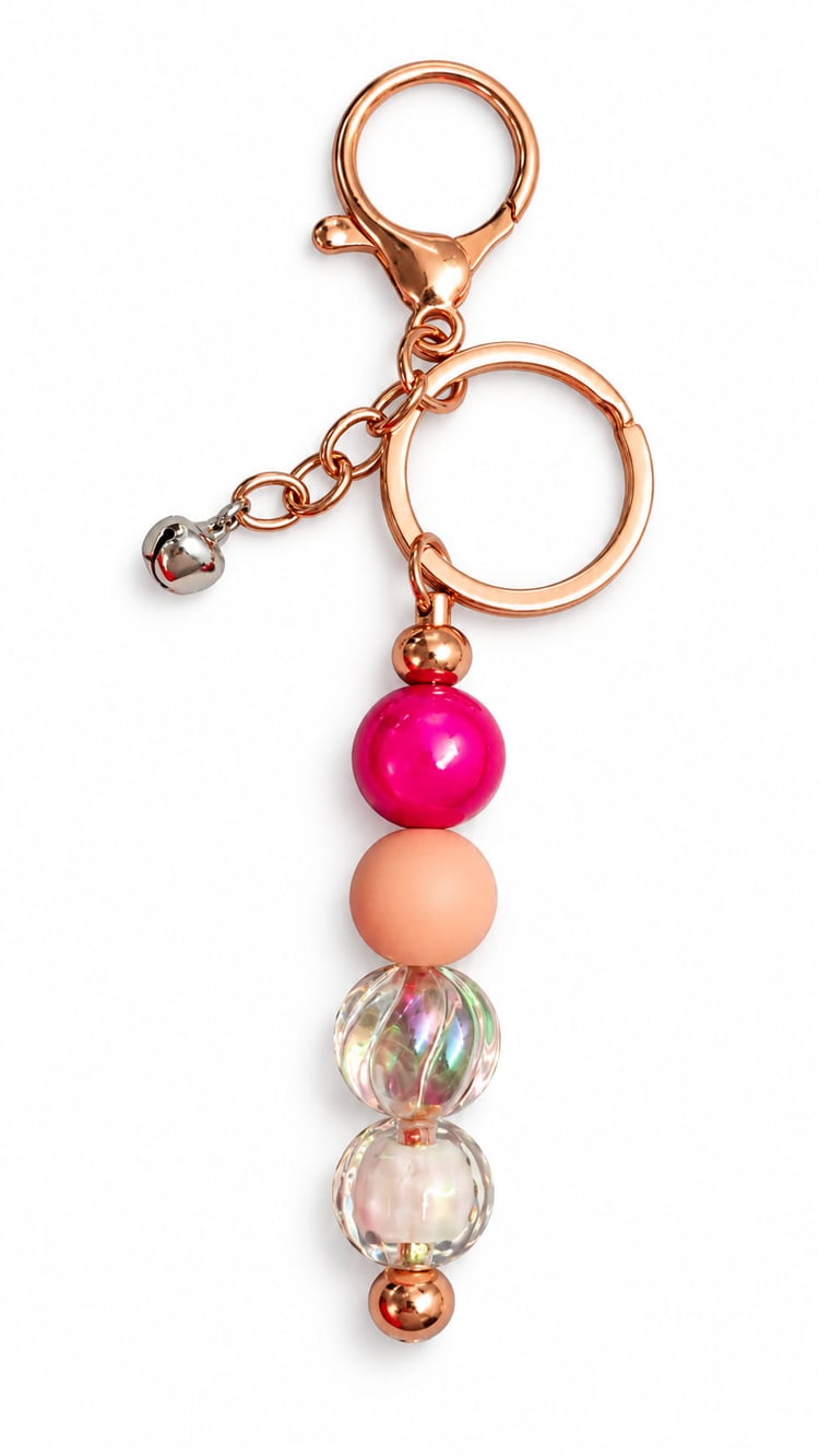 Handmade pink and rose gold beaded keychain with hot pink, peach and clear iridescent beads, rose gold-tone clasp and small bell charm.