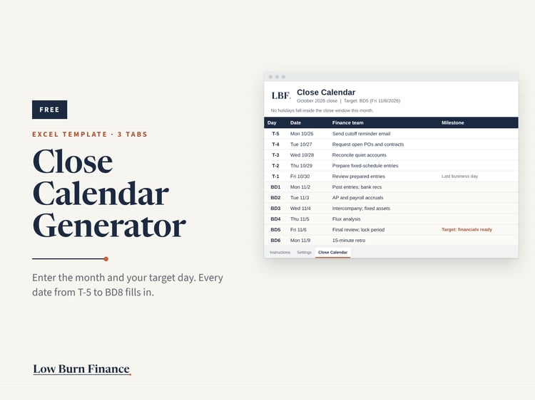 Free Month-End Close Calendar Excel Template (T-5 to BD8)