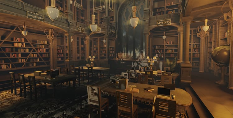 Wooden staircases and carved details in the library