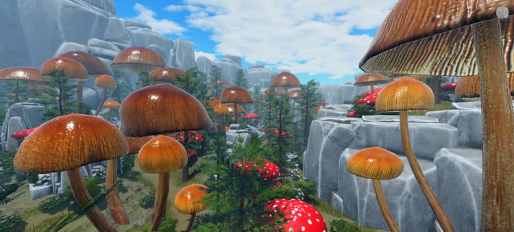 Giant mushroom forest across a fantasy Roblox landscape
