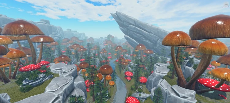 Large mushrooms growing among detailed pine trees