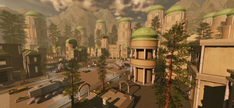 Textured roads connecting modular futuristic city buildings