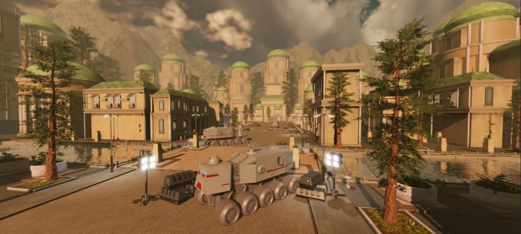 Sci-fi environment with industrial props and natural landscapes