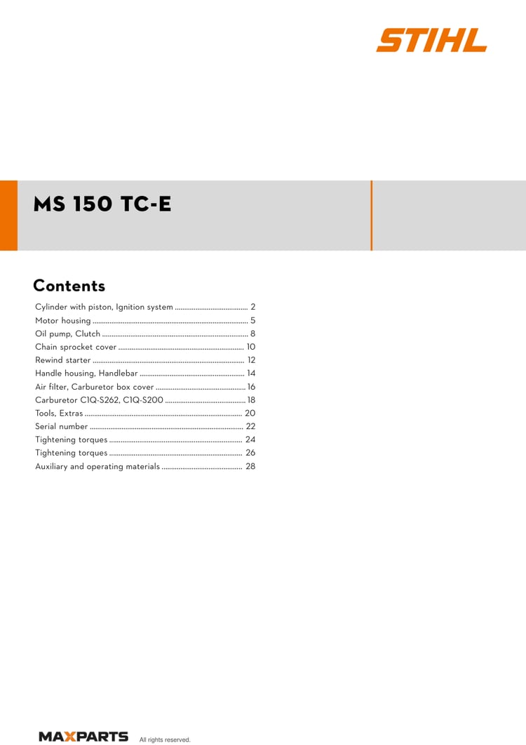 Cover of the STIHL MS 150 TC-E illustrated parts catalogue PDF, showing the model name and contents.