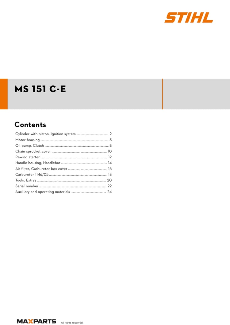 Cover of the STIHL MS 151 C-E illustrated parts catalogue PDF, showing the model name and contents.