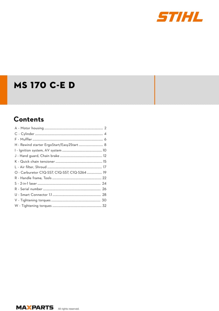 Cover of the STIHL MS 170 C-E D illustrated parts catalogue PDF, showing the model name and contents.
