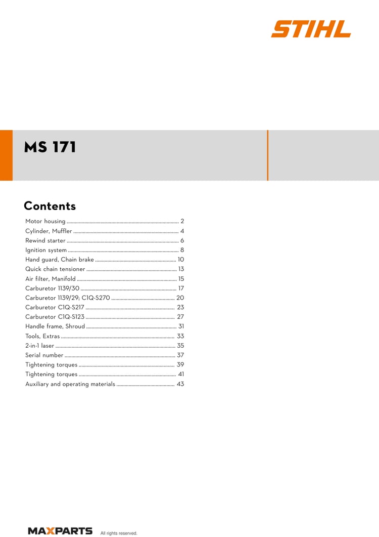 Cover of the STIHL MS 171 illustrated parts catalogue PDF, showing the model name and contents.