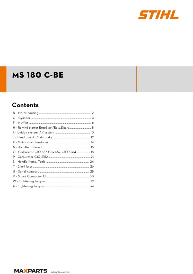 Cover of the STIHL MS 180 C-BE illustrated parts catalogue PDF, showing the model name and contents.