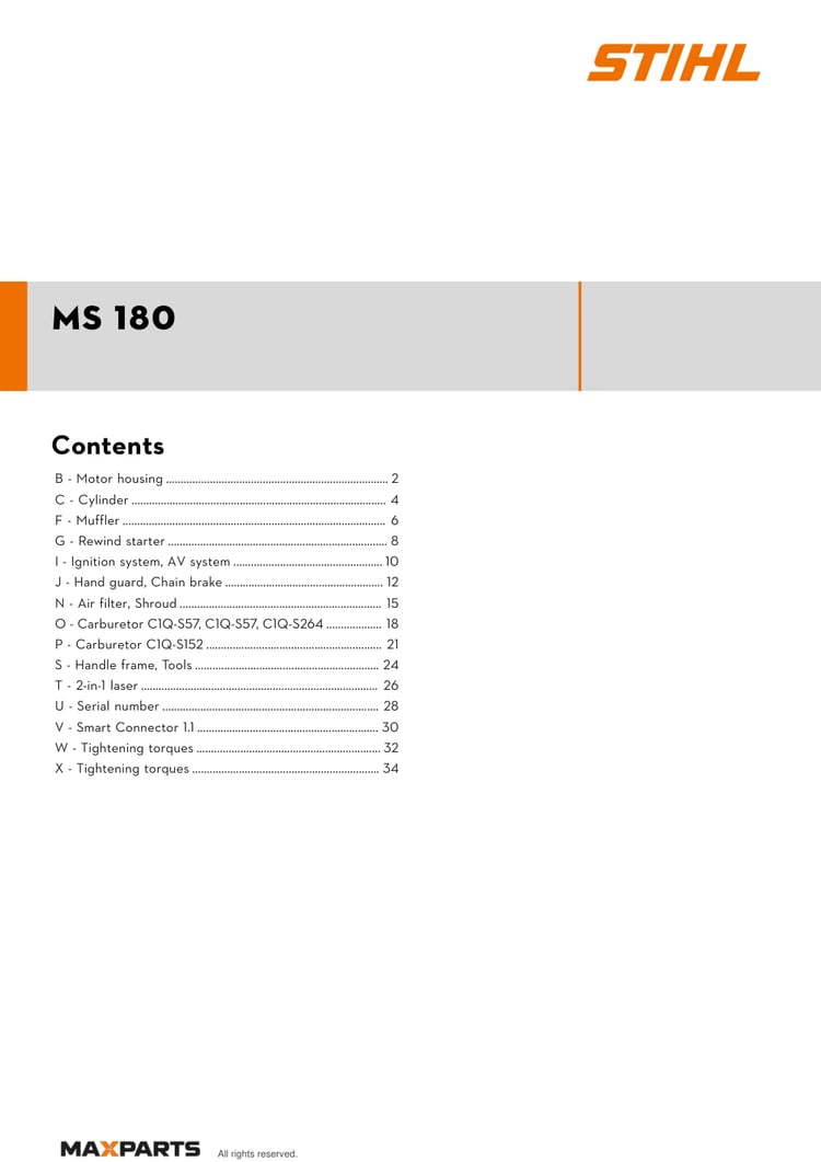 Cover of the STIHL MS 180 illustrated parts catalogue PDF, showing the model name and contents.
