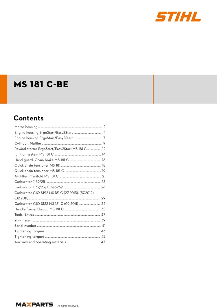 Cover of the STIHL MS 181 C-BE illustrated parts catalogue PDF, showing the model name and contents.