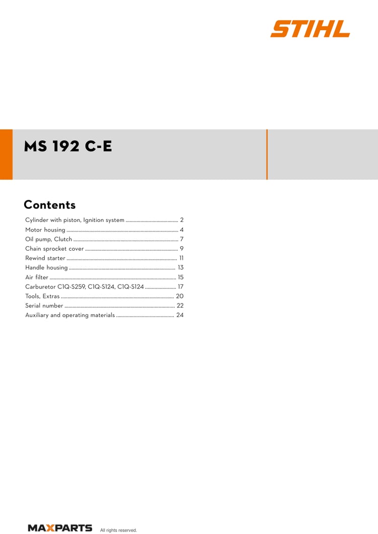 Cover of the STIHL MS 192 C-E illustrated parts catalogue PDF, showing the model name and contents.