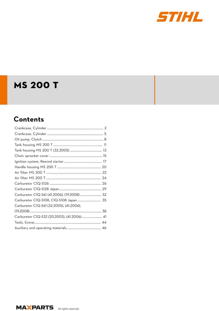 Cover of the STIHL MS 200 T illustrated parts catalogue PDF, showing the model name and contents.