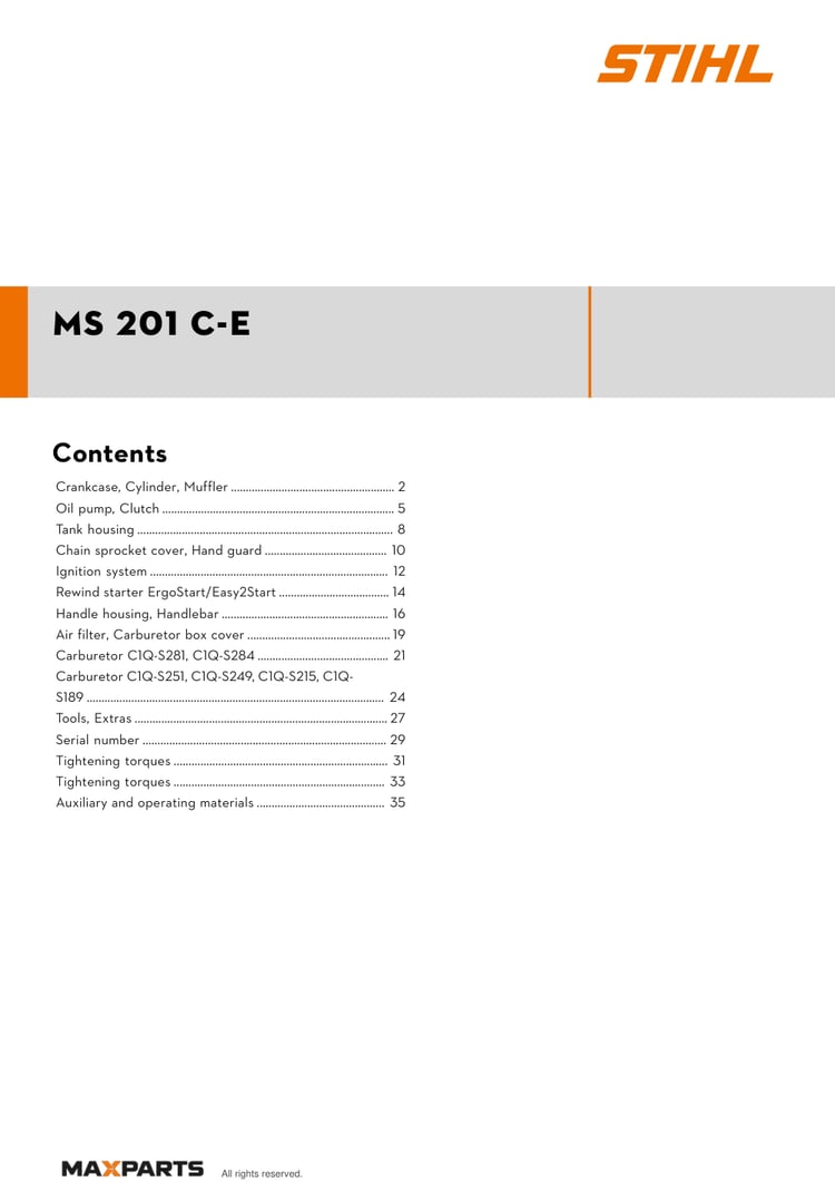 Cover of the STIHL MS 201 C-E illustrated parts catalogue PDF, showing the model name and contents.