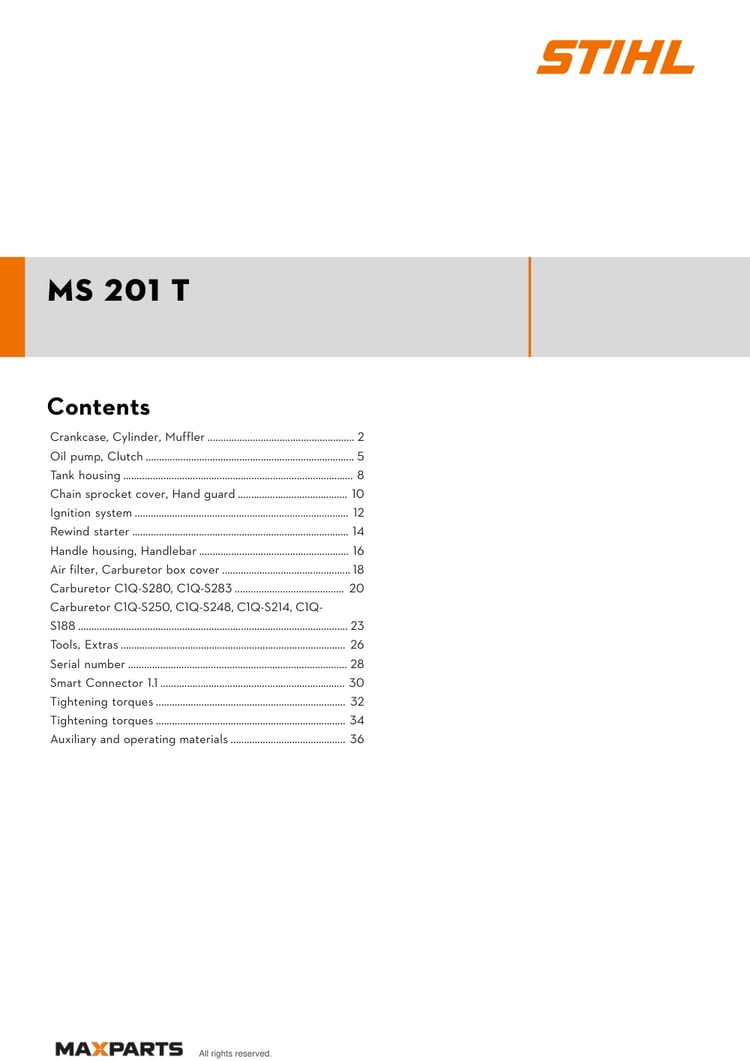 Cover of the STIHL MS 201 T illustrated parts catalogue PDF, showing the model name and contents.