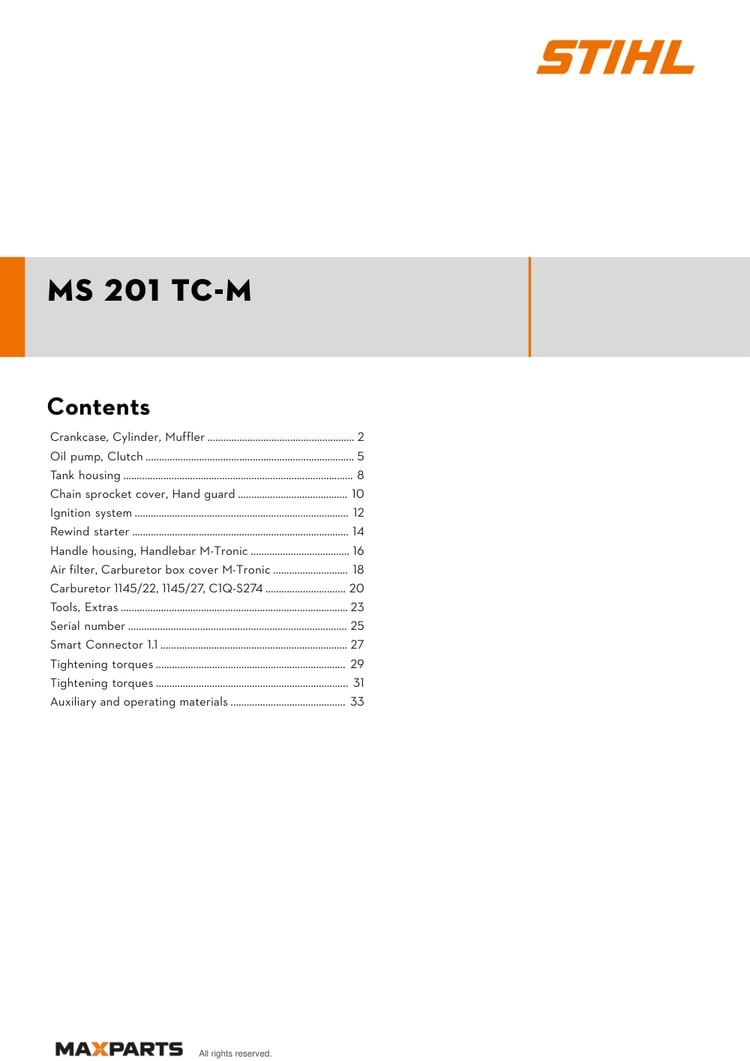 Cover of the STIHL MS 201 TC-M illustrated parts catalogue PDF, showing the model name and contents.