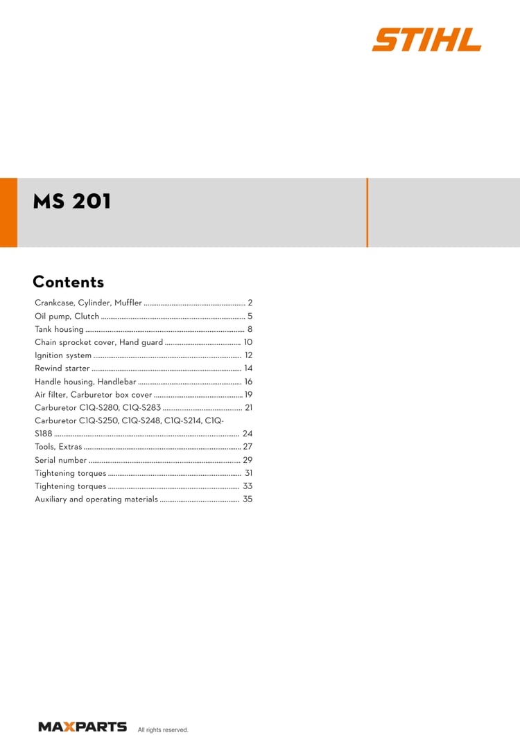 Cover of the STIHL MS 201 illustrated parts catalogue PDF, showing the model name and contents.