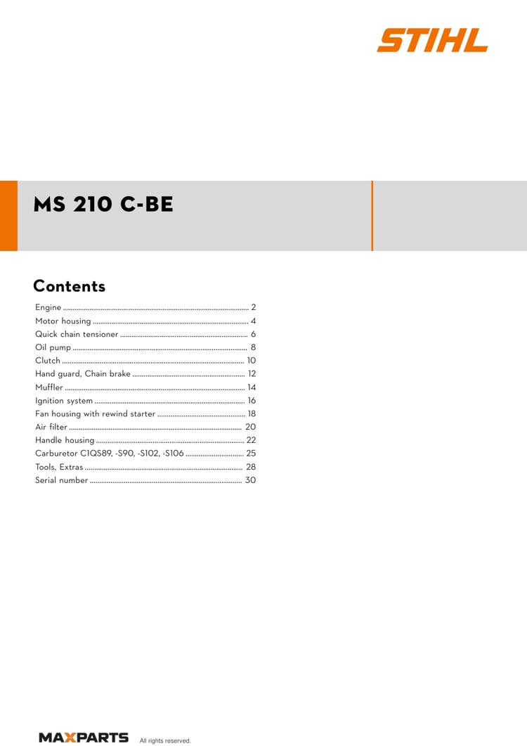 Cover of the STIHL MS 210 C-BE illustrated parts catalogue PDF, showing the model name and contents.