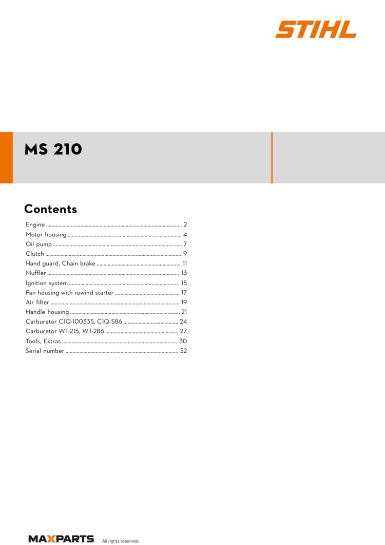 Cover of the STIHL MS 210 illustrated parts catalogue PDF, showing the model name and contents.