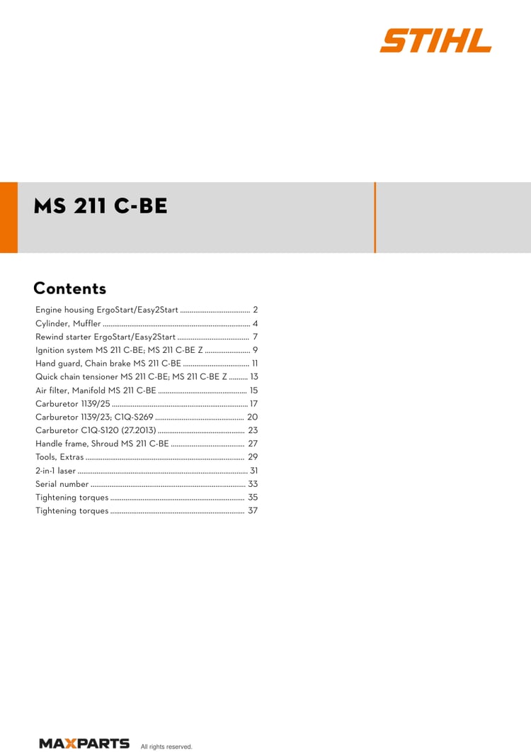 Cover of the STIHL MS 211 C-BE illustrated parts catalogue PDF, showing the model name and contents.