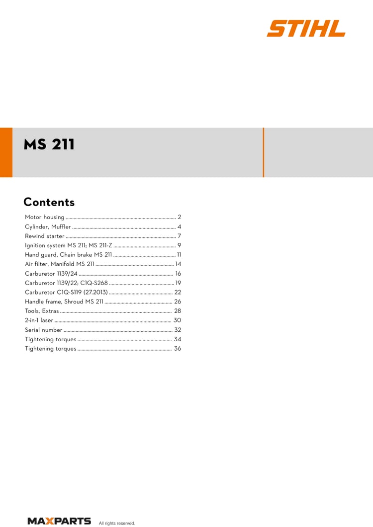 Cover of the STIHL MS 211 illustrated parts catalogue PDF, showing the model name and contents.