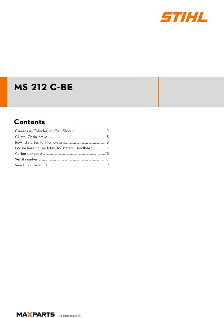 Cover of the STIHL MS 212 C-BE illustrated parts catalogue PDF, showing the model name and contents.