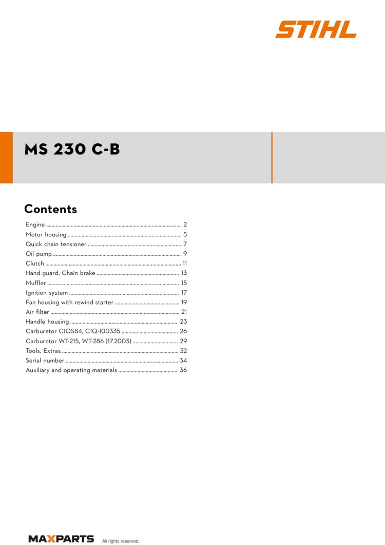 Cover of the STIHL MS 230 C-B illustrated parts catalogue PDF, showing the model name and contents.