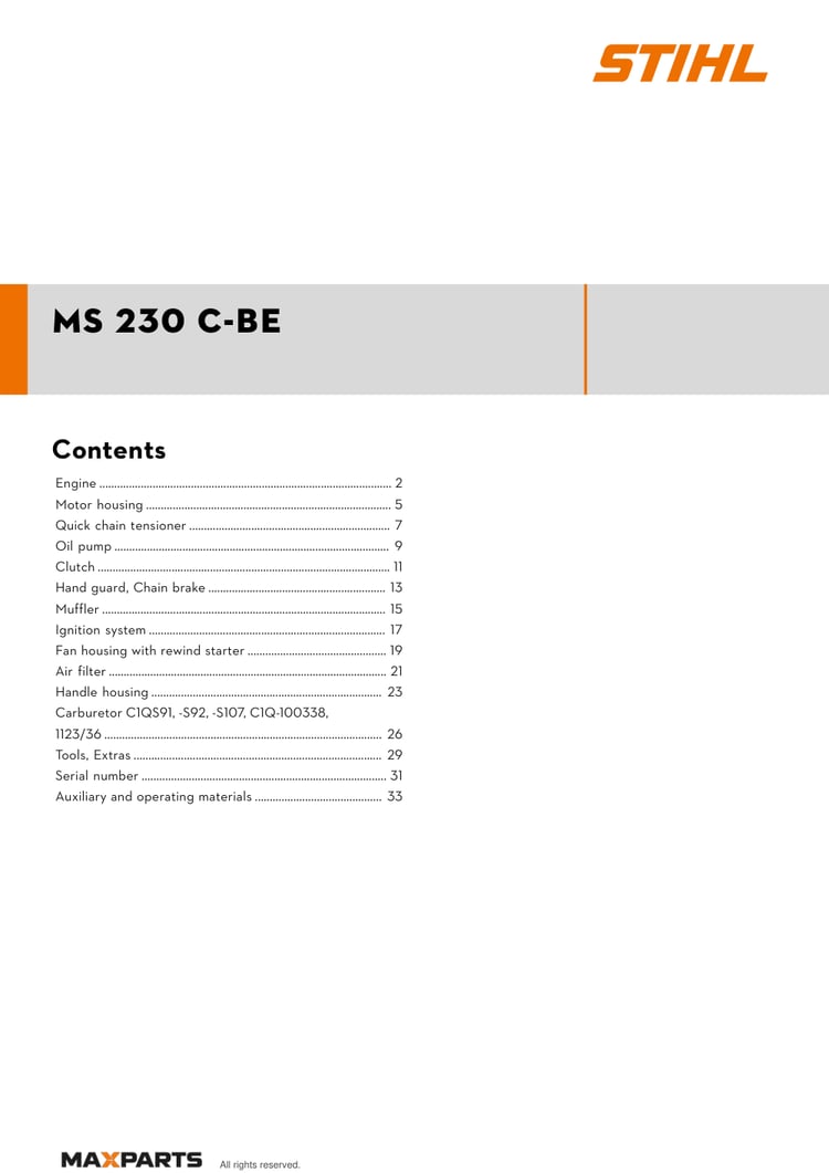 Cover of the STIHL MS 230 C-BE illustrated parts catalogue PDF, showing the model name and contents.