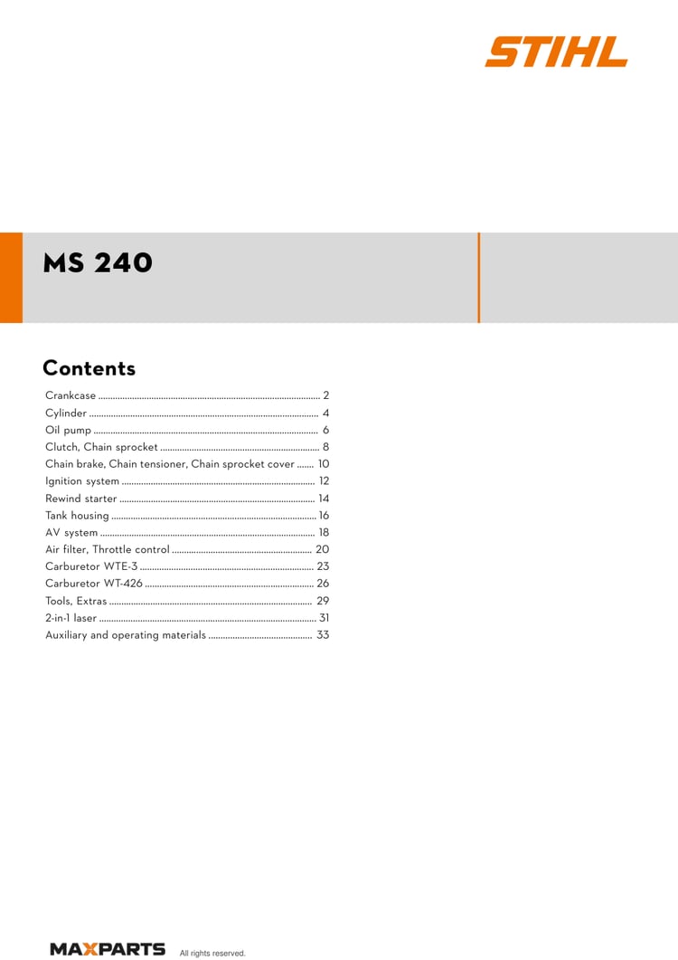 Cover of the STIHL MS 240 illustrated parts catalogue PDF, showing the model name and contents.