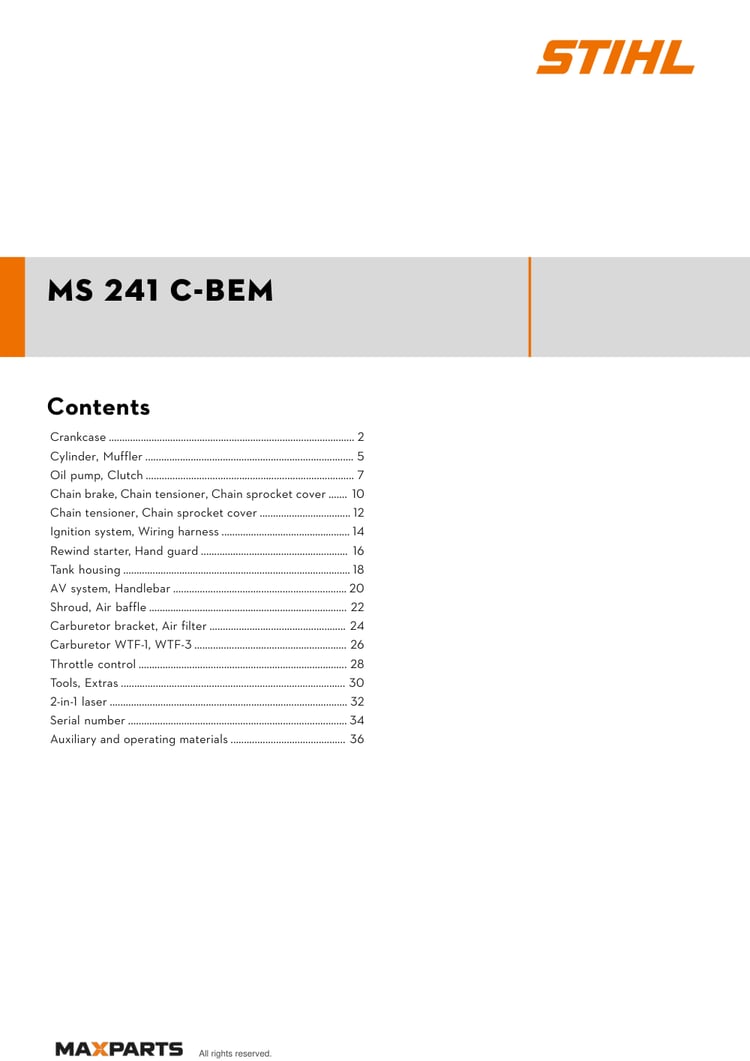 Cover of the STIHL MS 241 C-BEM illustrated parts catalogue PDF, showing the model name and contents.