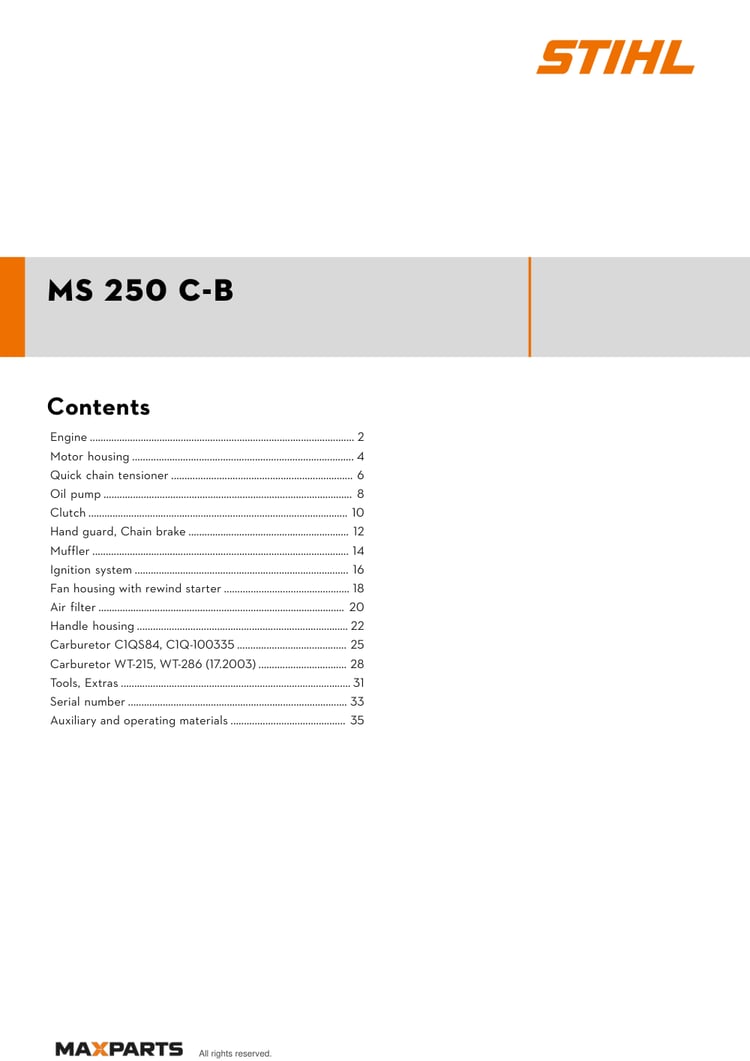 Cover of the STIHL MS 250 C-B illustrated parts catalogue PDF, showing the model name and contents.