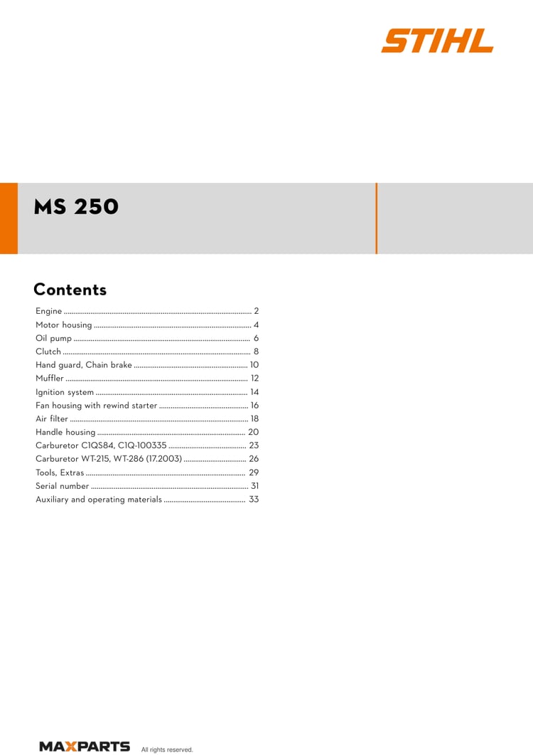Cover of the STIHL MS 250 illustrated parts catalogue PDF, showing the model name and contents.