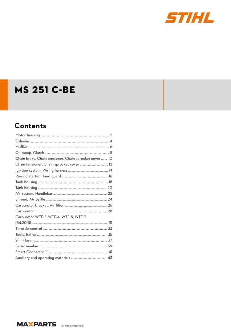 Cover of the STIHL MS 251 C-BE illustrated parts catalogue PDF, showing the model name and contents.