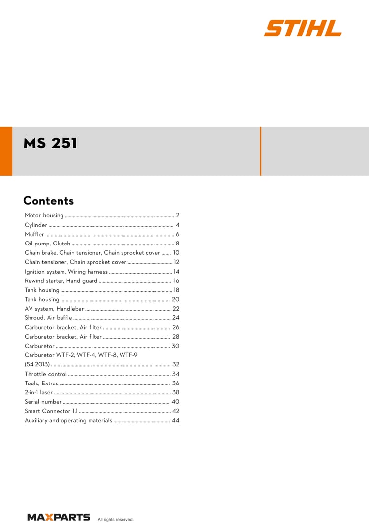 Cover of the STIHL MS 251 illustrated parts catalogue PDF, showing the model name and contents.