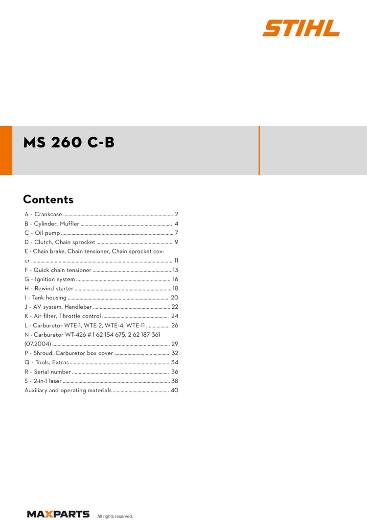 Cover of the STIHL MS 260 C-B illustrated parts catalogue PDF, showing the model name and contents.