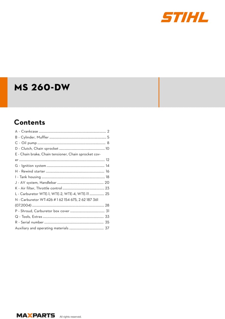 Cover of the STIHL MS 260-DW illustrated parts catalogue PDF, showing the model name and contents.