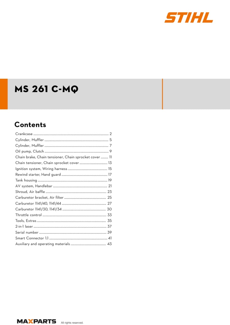 Cover of the STIHL MS 261 C-MQ illustrated parts catalogue PDF, showing the model name and contents.