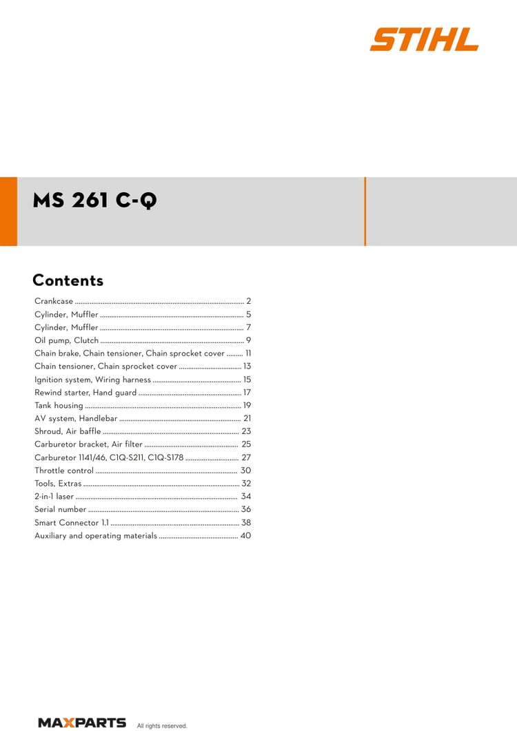 Cover of the STIHL MS 261 C-Q illustrated parts catalogue PDF, showing the model name and contents.
