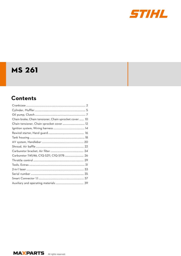 Cover of the STIHL MS 261 illustrated parts catalogue PDF, showing the model name and contents.