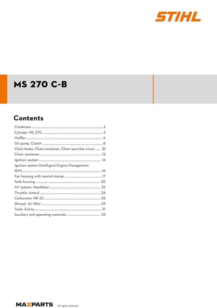 Cover of the STIHL MS 270 C-B illustrated parts catalogue PDF, showing the model name and contents.