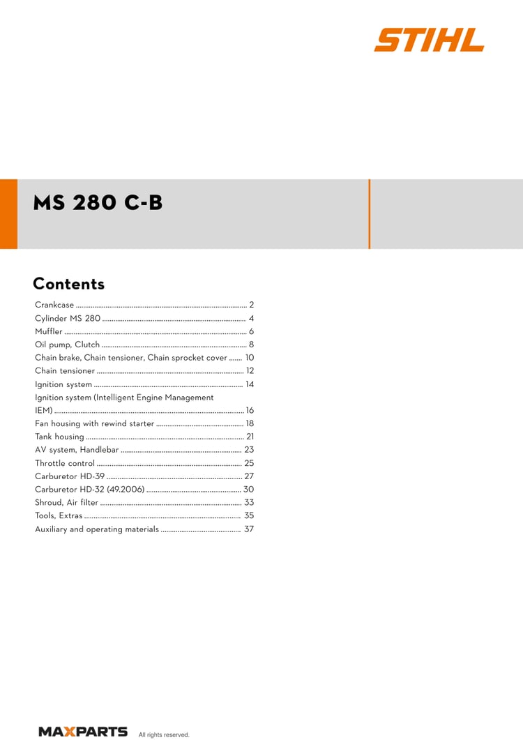 Cover of the STIHL MS 280 C-B illustrated parts catalogue PDF, showing the model name and contents.