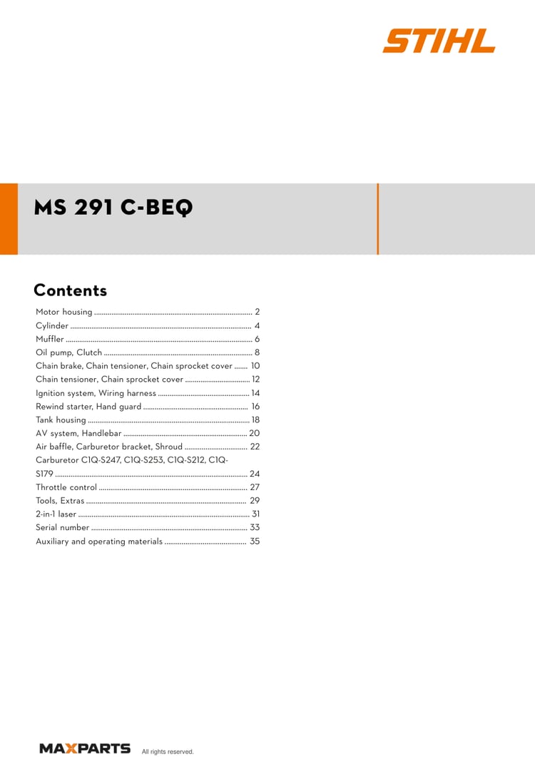 Cover of the STIHL MS 291 C-BEQ illustrated parts catalogue PDF, showing the model name and contents.