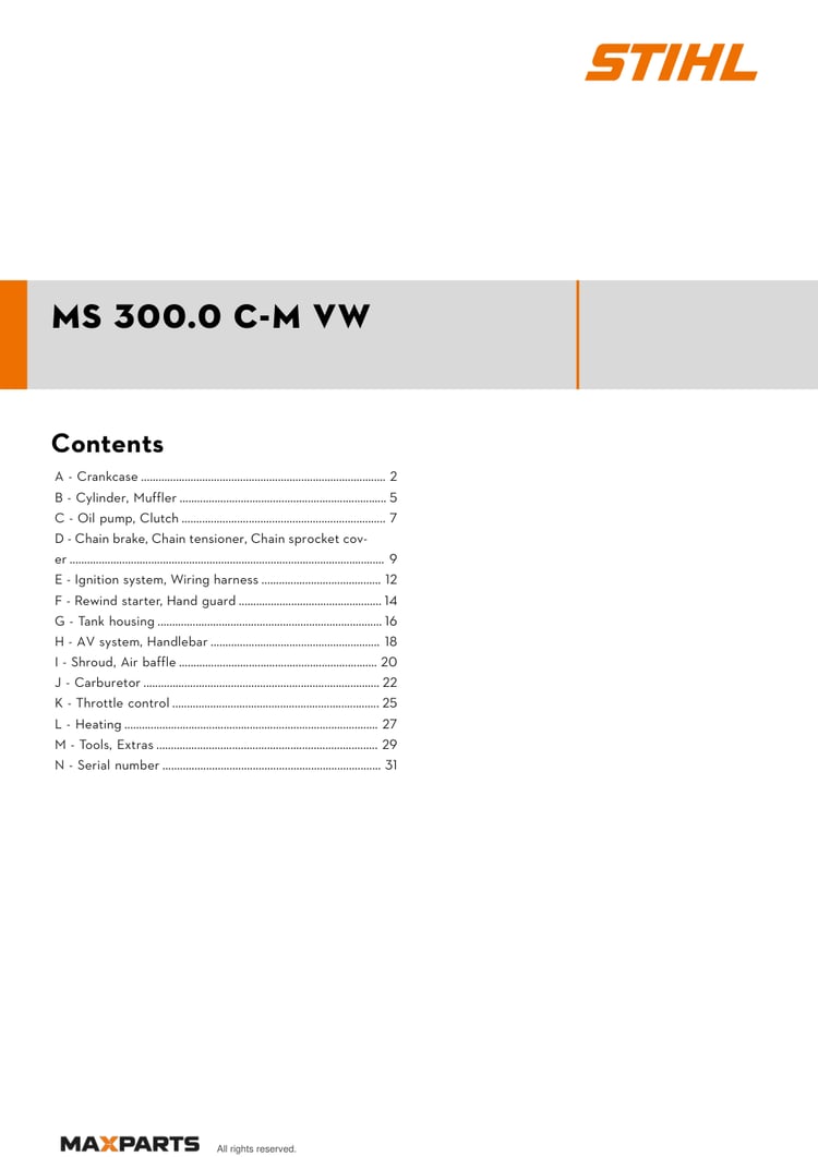 Cover of the STIHL MS 300.0 C-M VW illustrated parts catalogue PDF, showing the model name and contents.