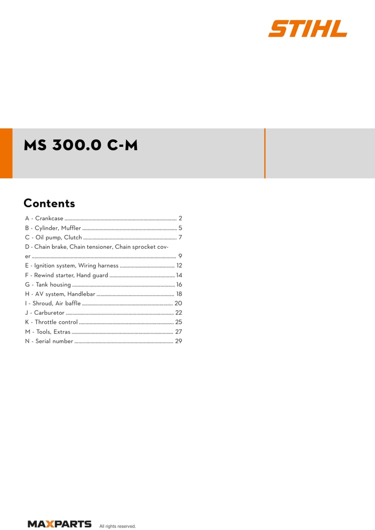 Cover of the STIHL MS 300.0 C-M illustrated parts catalogue PDF, showing the model name and contents.