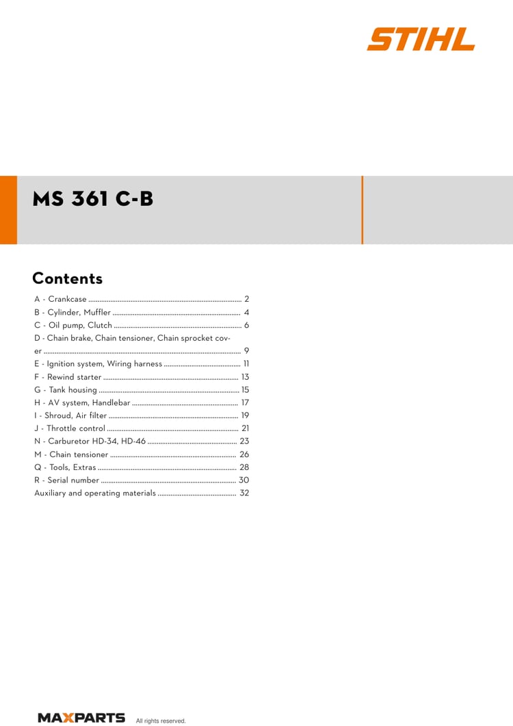 Cover of the STIHL MS 361 C-B illustrated parts catalogue PDF, showing the model name and contents.