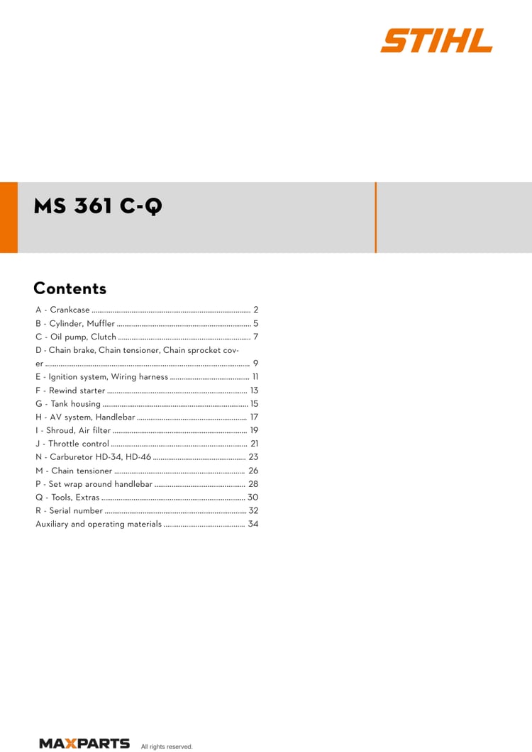 Cover of the STIHL MS 361 C-Q illustrated parts catalogue PDF, showing the model name and contents.