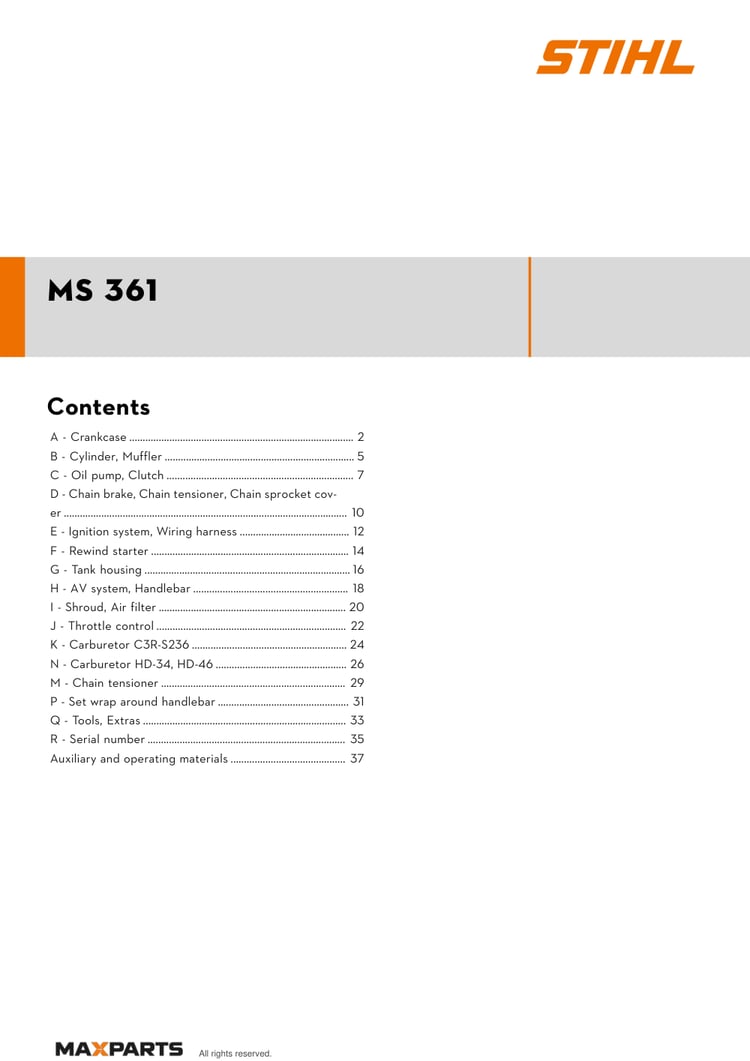 Cover of the STIHL MS 361 illustrated parts catalogue PDF, showing the model name and contents.
