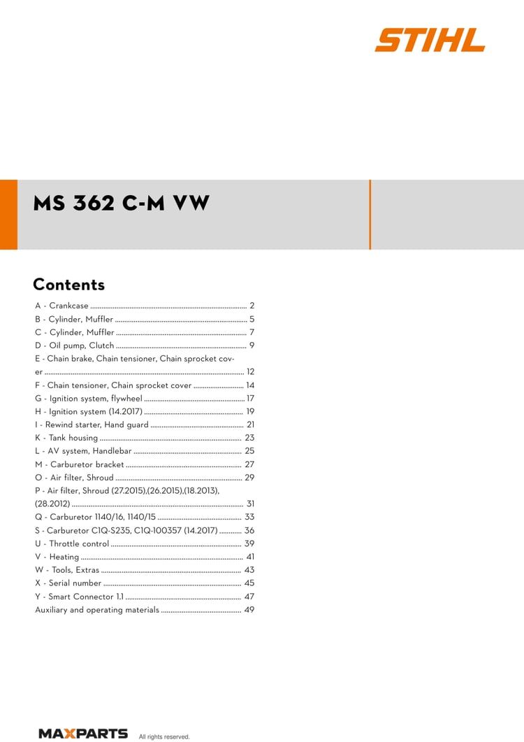 Cover of the STIHL MS 362 C-M VW illustrated parts catalogue PDF, showing the model name and contents.