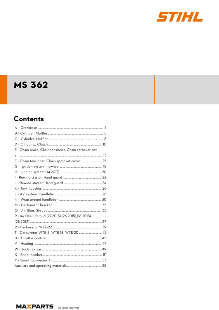 Cover of the STIHL MS 362 illustrated parts catalogue PDF, showing the model name and contents.