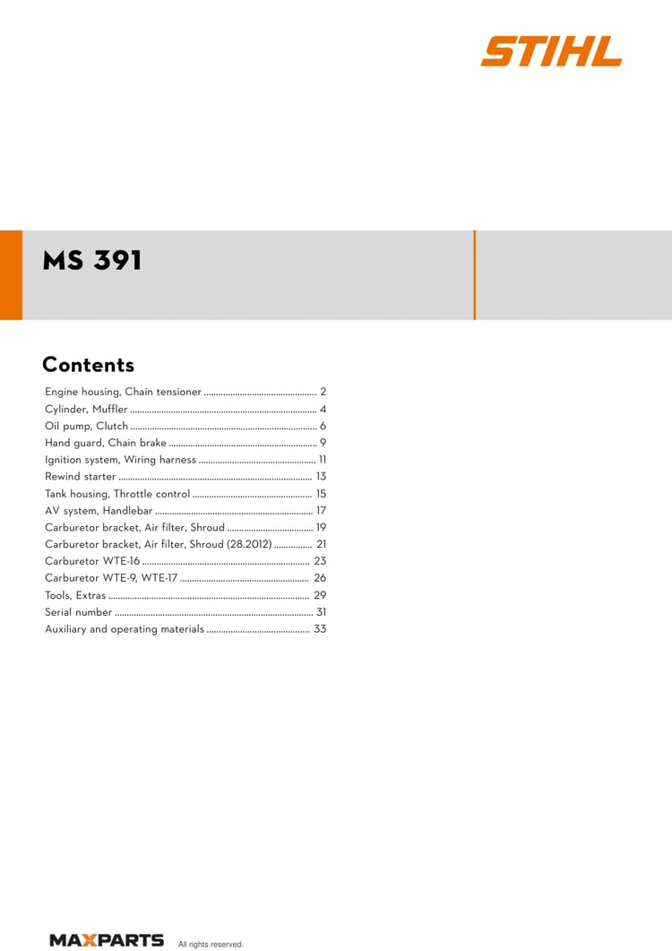Cover of the STIHL MS 391 illustrated parts catalogue PDF, showing the model name and contents.